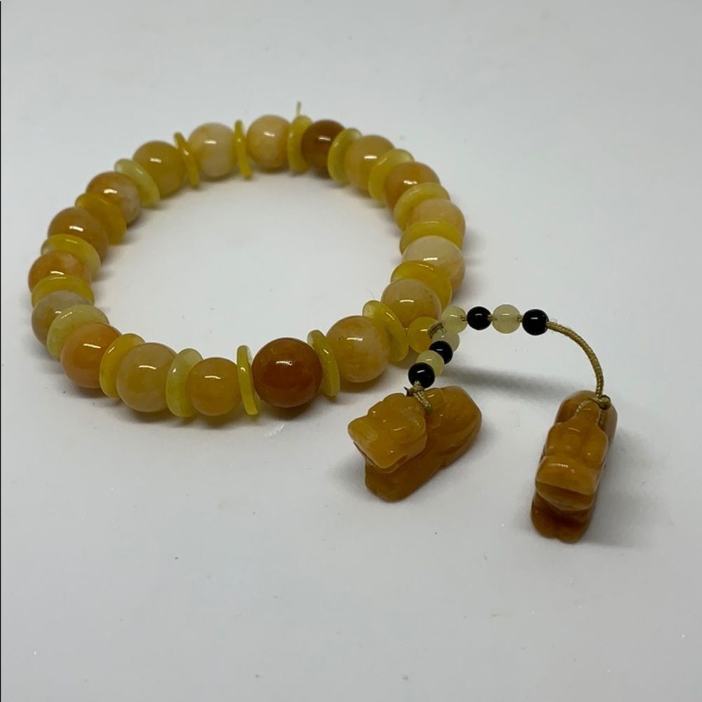Natural Yellow Brown Natural jade Gem Stone double dragon bracelet